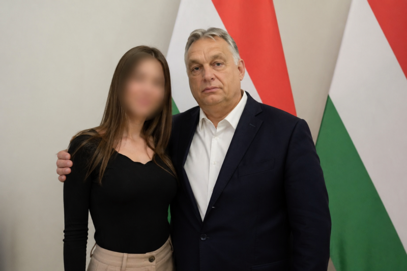 A képen egy hivatalos, mégis kissé feszültséggel teli pillanat látható. Egy elegánsan öltözött, tapasztalt férfi áll egy fiatal nő mellett, akinek az arca el van homályosítva.